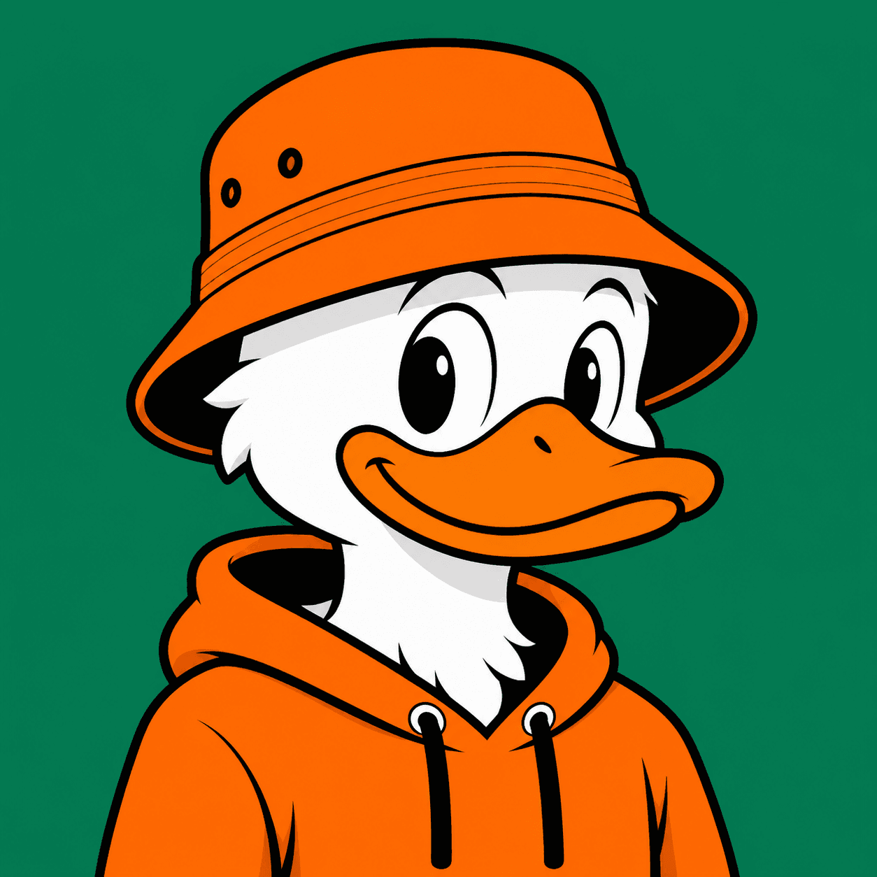 Cartoon illustration of a duck in a bucket hat, head and shoulders