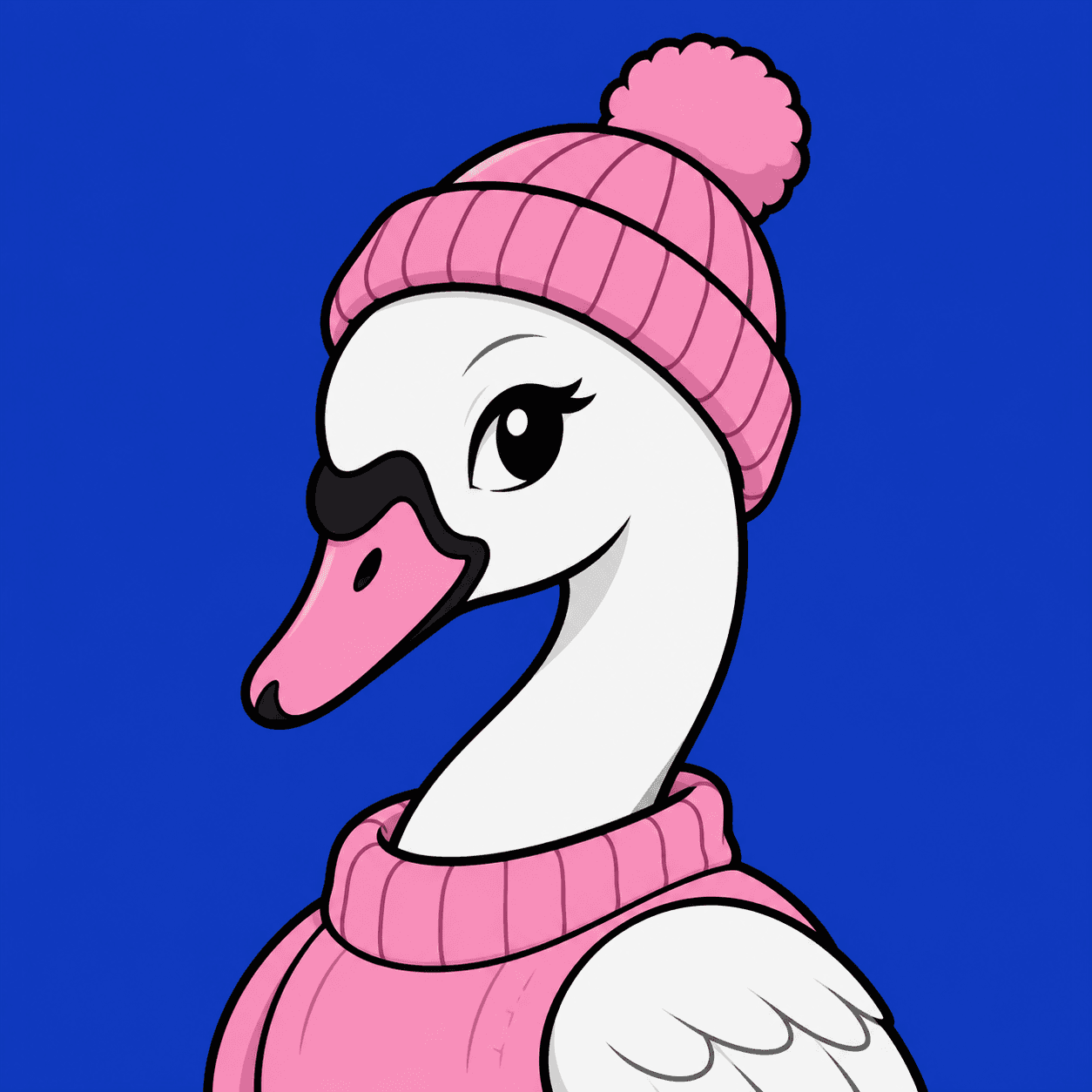 Cartoon illustration of a swan with a knitted beanie, head and shoulders
