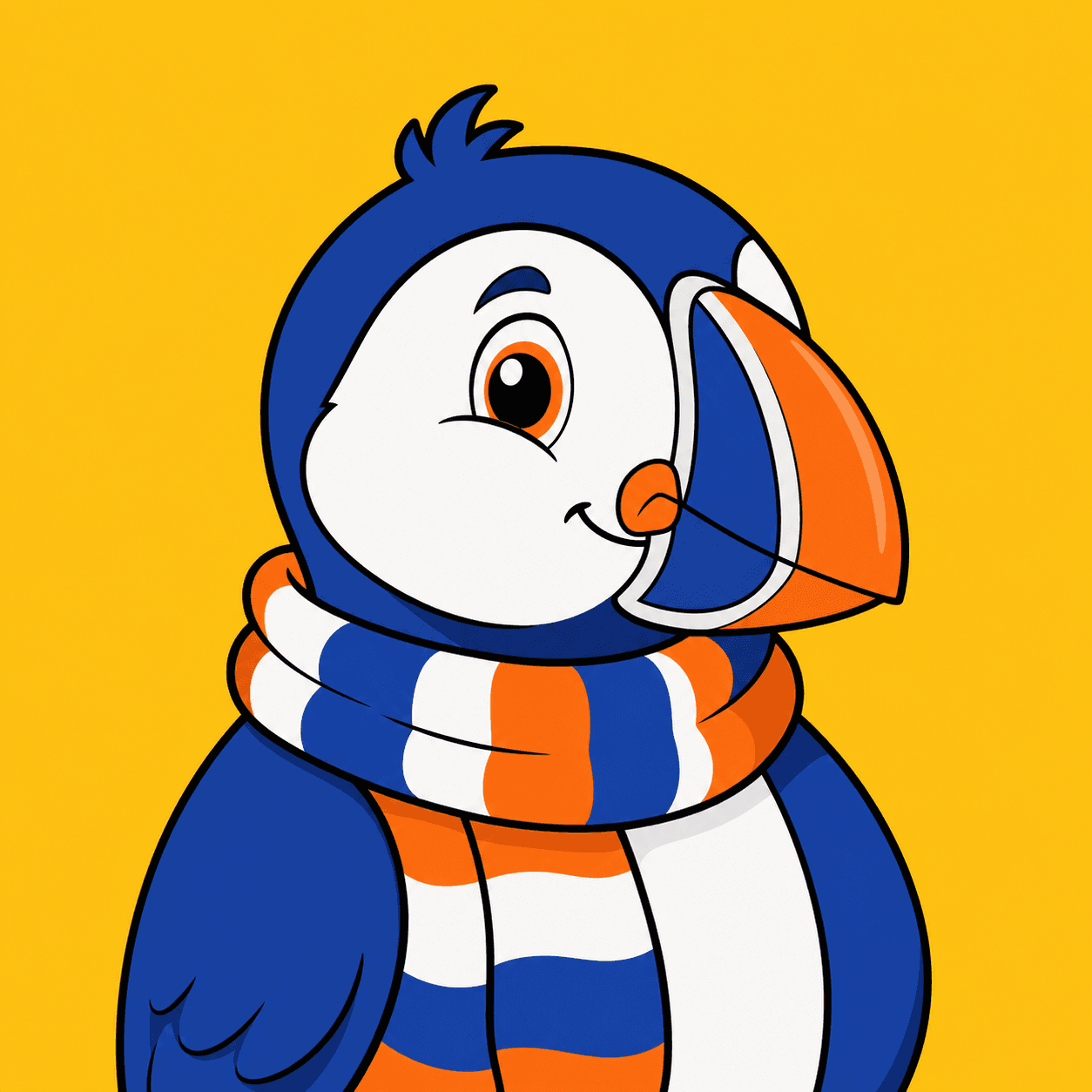 Cartoon illustration of a puffin in a striped scarf, head and shoulders