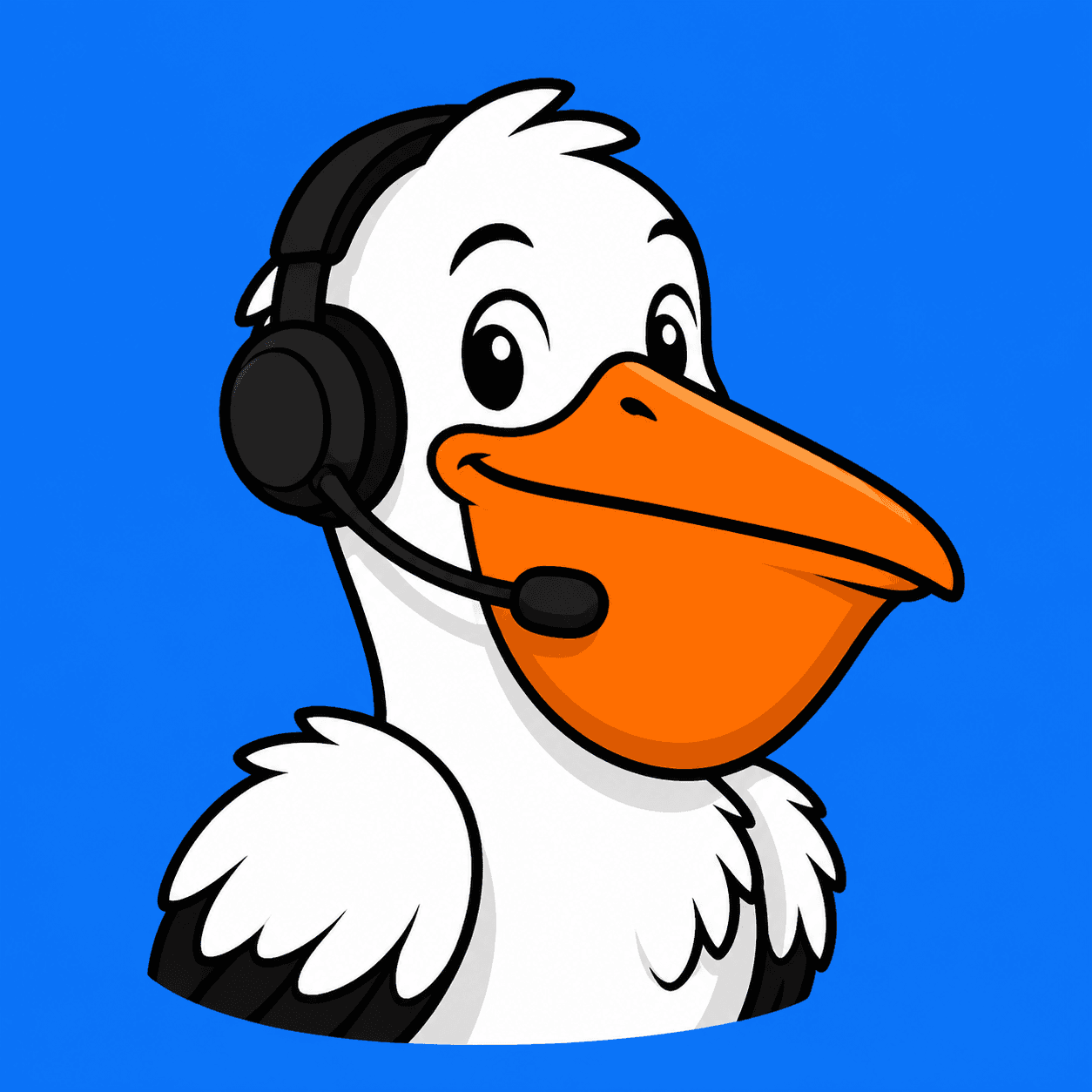 Cartoon illustration of a pelican with a headset microphone, head and shoulders