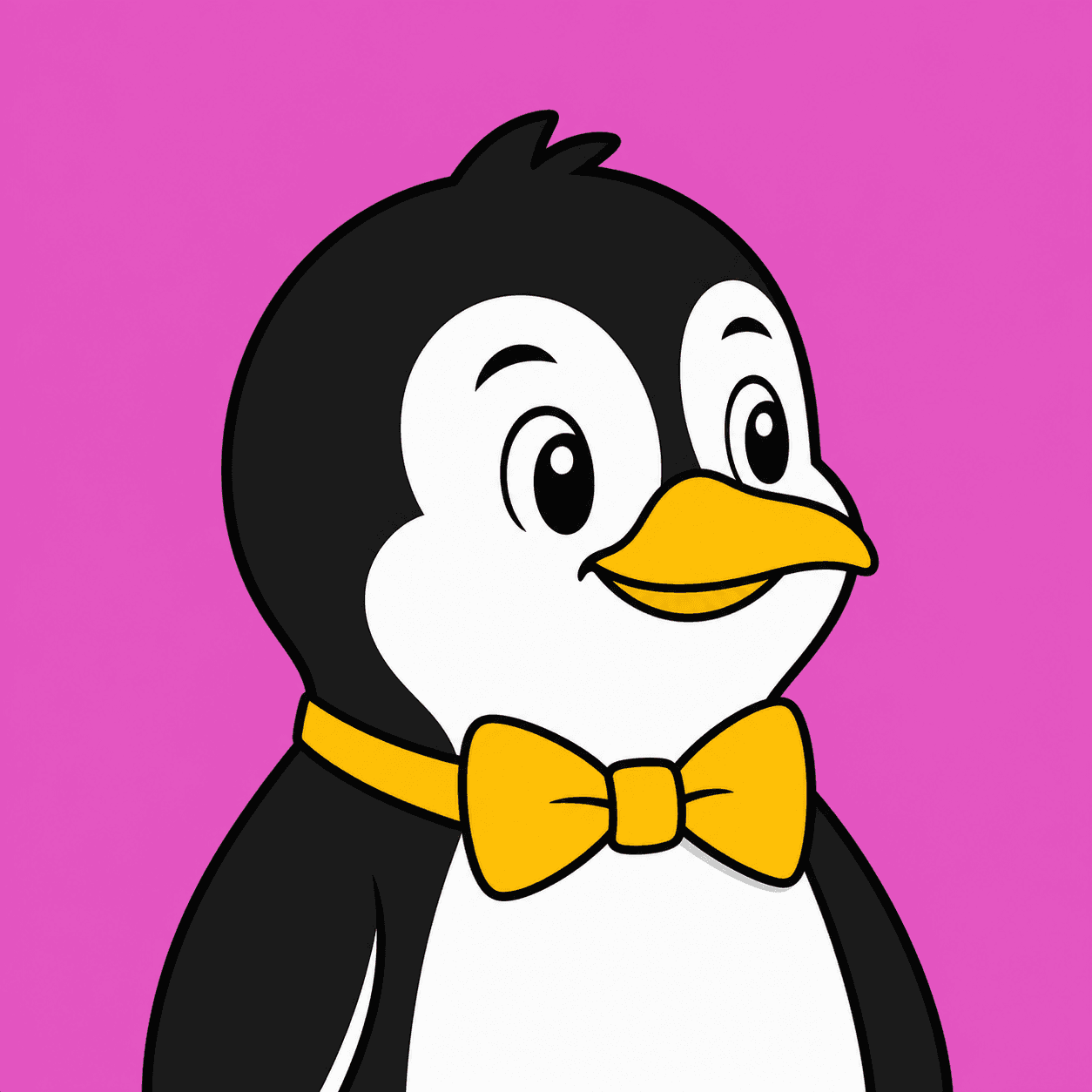 Cartoon illustration of a penguin in a bow tie, head and shoulders