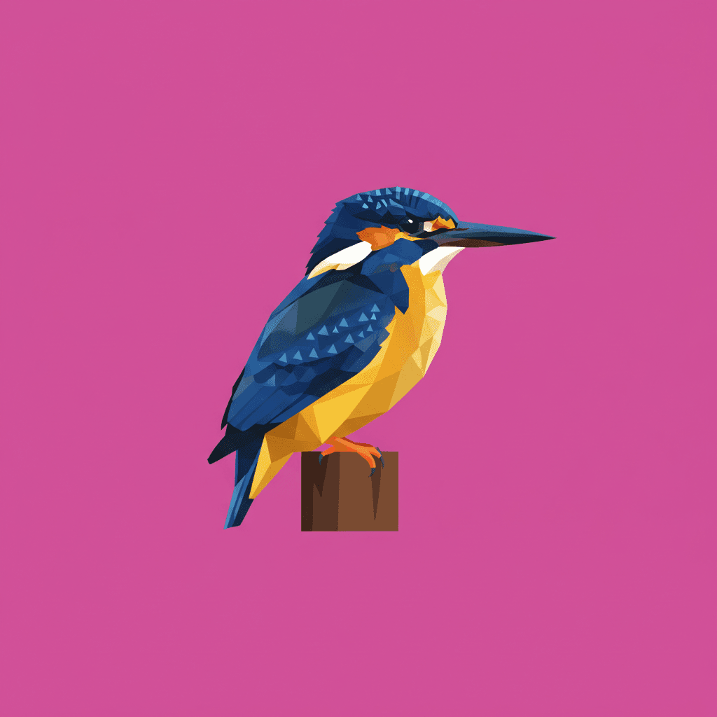 Flat geometric illustration of a kingfisher perched on a short post, side profile