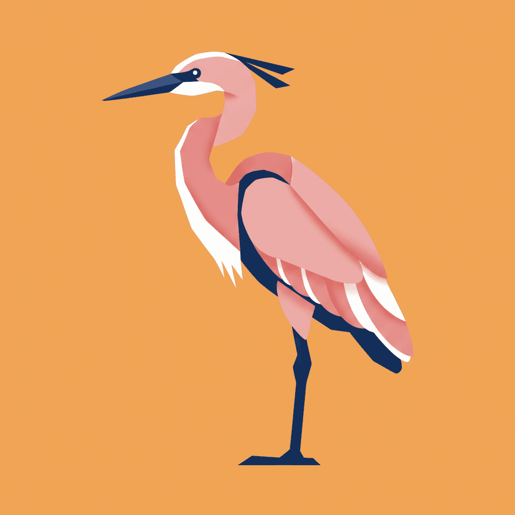 Flat geometric illustration of a heron standing on one leg, side profile facing left
