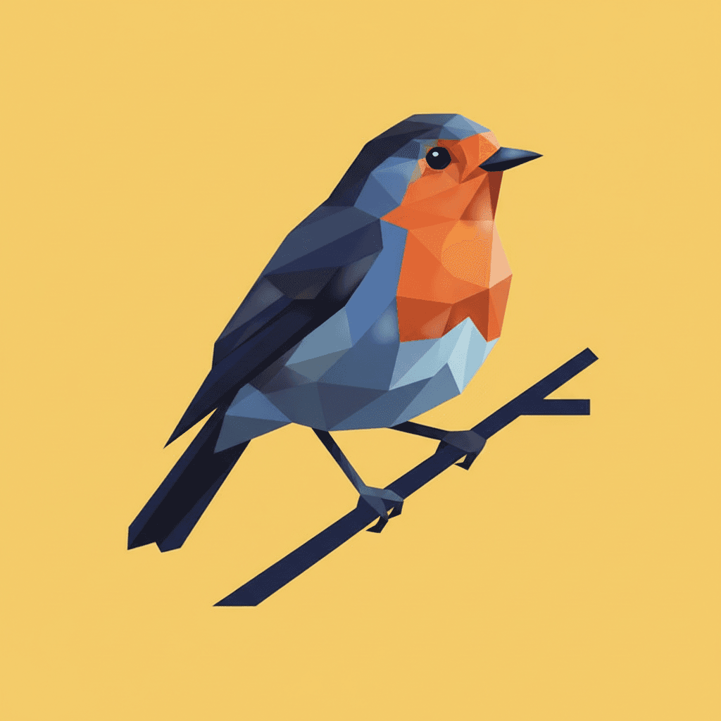 Flat geometric illustration of a robin perched on a thin diagonal branch