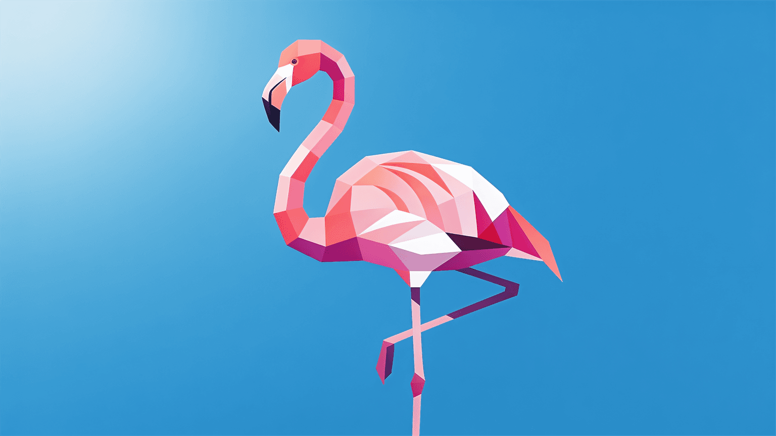 Flat geometric illustration of a flamingo standing on one leg with a curved neck