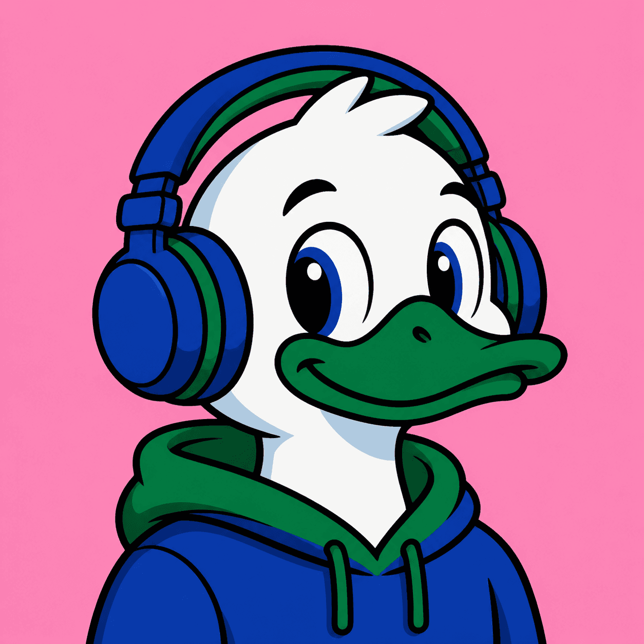Cartoon illustration of a duck wearing oversized headphones, head and shoulders, three-quarter view