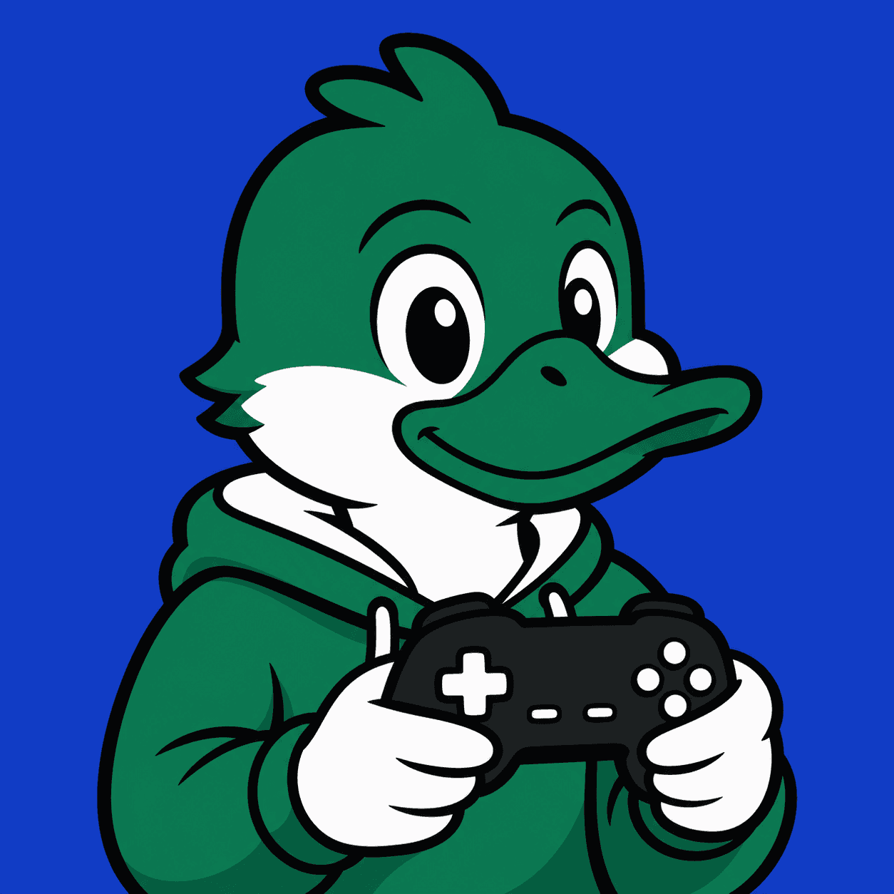 Cartoon illustration of a duck holding a game controller, head and shoulders