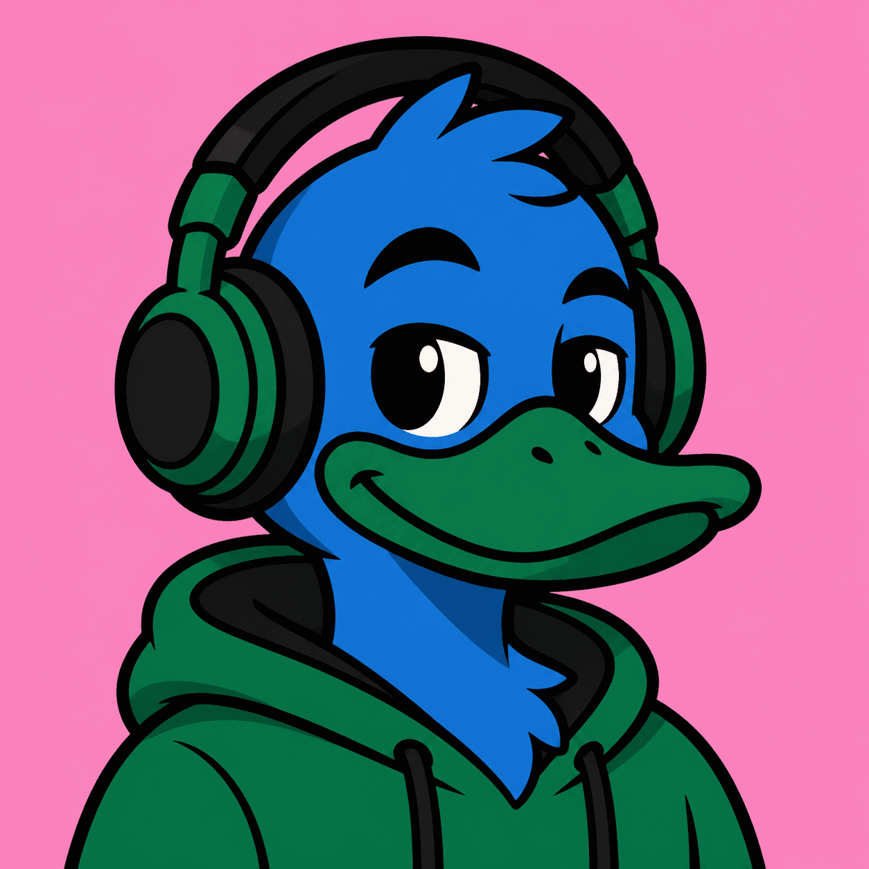 Cartoon illustration of a duck wearing DJ headphones, head and shoulders