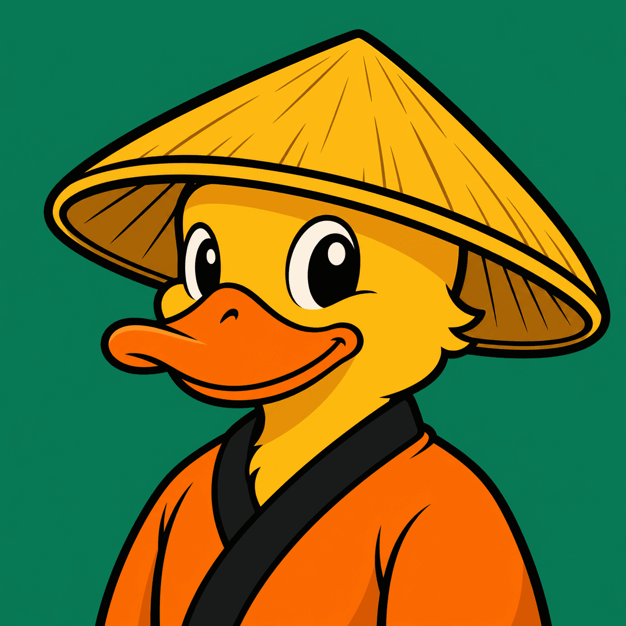 Cartoon illustration of a duck with a conical straw hat, head and shoulders