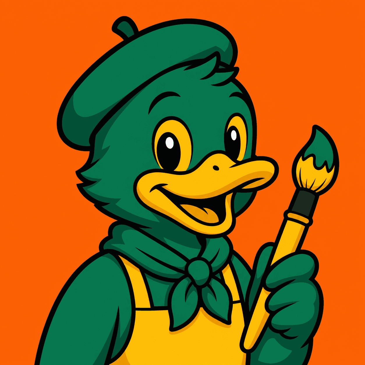Cartoon illustration of a duck holding a paintbrush, head and shoulders