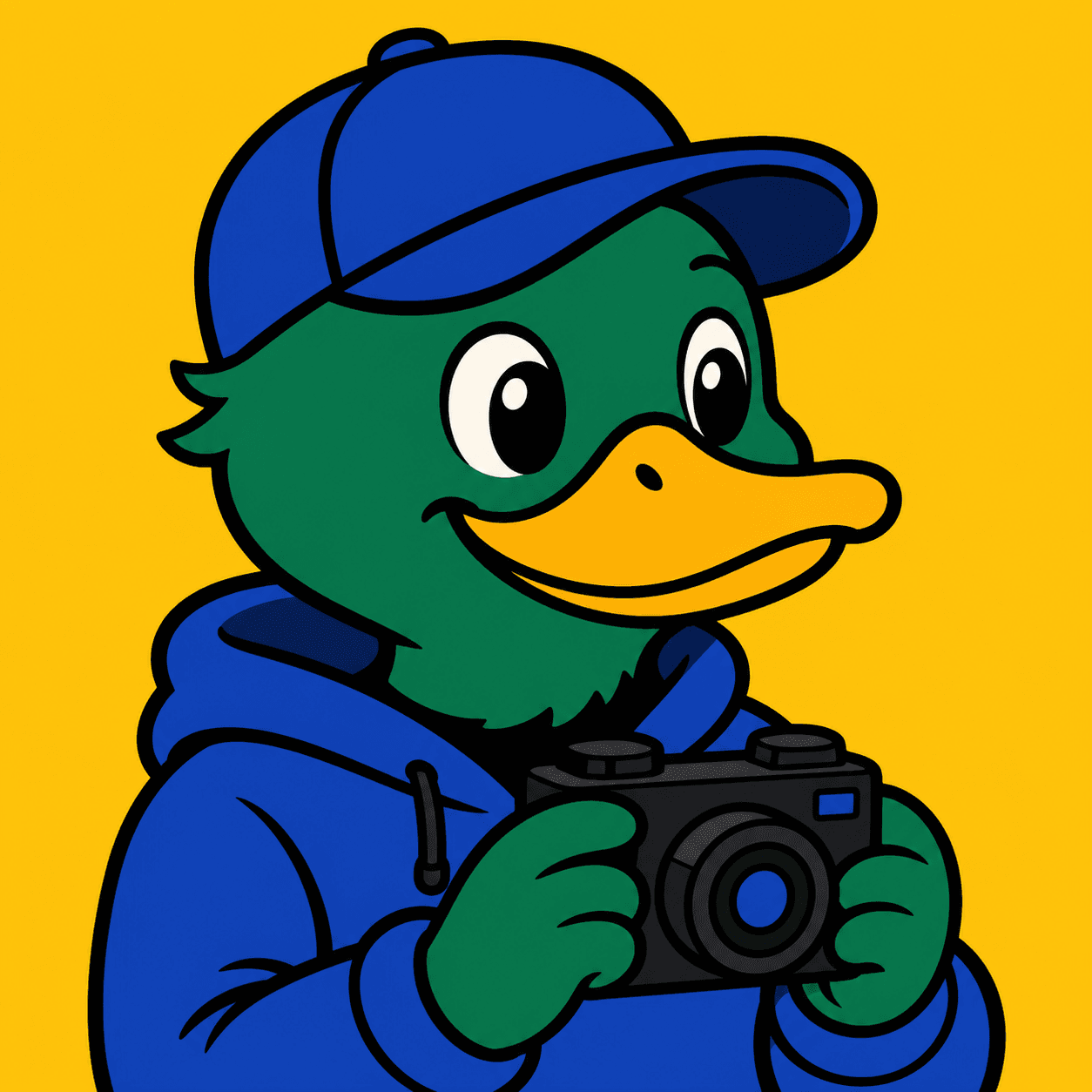 Cartoon illustration of a duck holding a small camera, head and shoulders