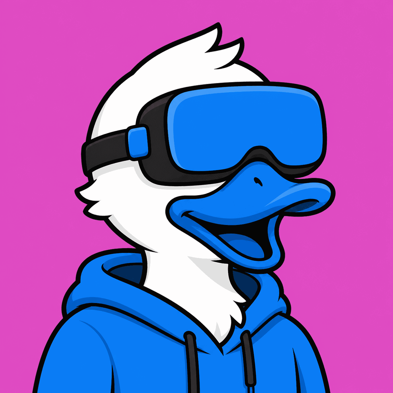 Cartoon illustration of a duck wearing a virtual reality headset, head and shoulders