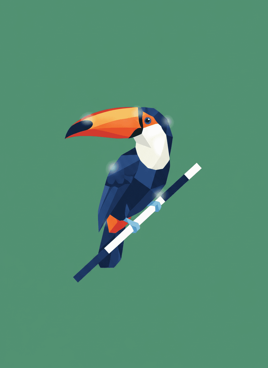 Flat geometric illustration of a toucan perched on a slim diagonal pole